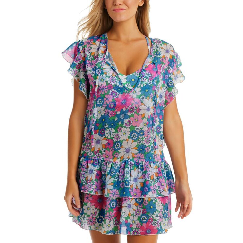 Women's Printed Crazy Daisy Tiered Flutter-Sleeve Tie-Neck Swim Cover-Up